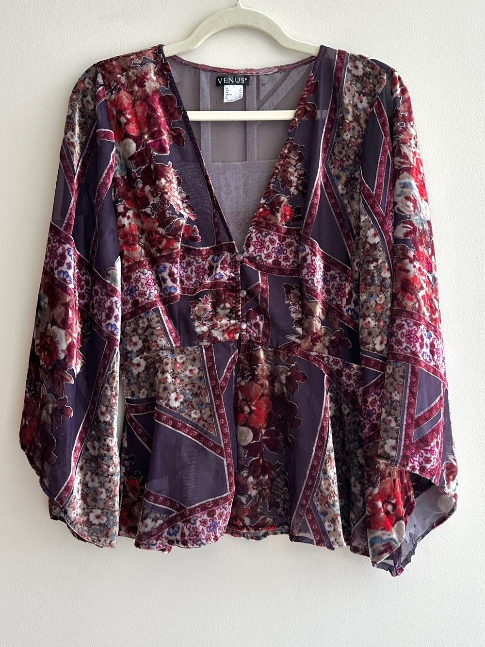 VENUS Long Sleeve Velvet and Mesh Patchwork Blouse, Purple, Size 8, Boho Chic